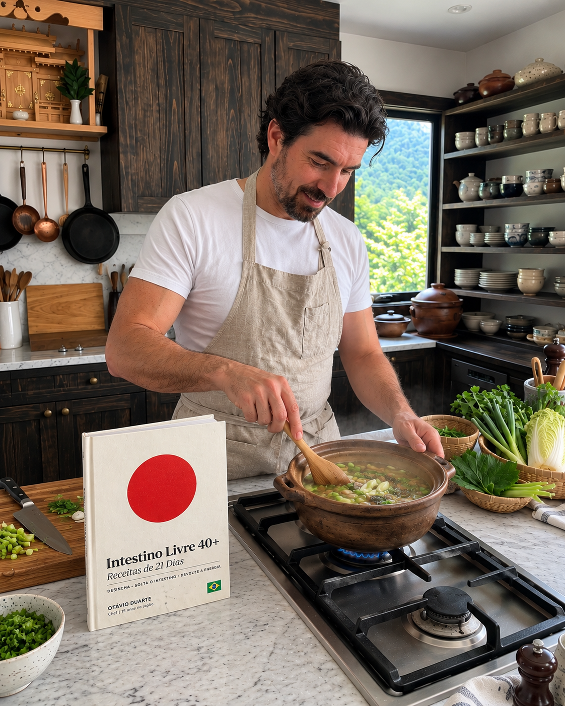 Otávio Duarte de avental mexendo uma panela de sopa numa cozinha de estilo japonês, com o livro Intestino Livre 40+ ao lado