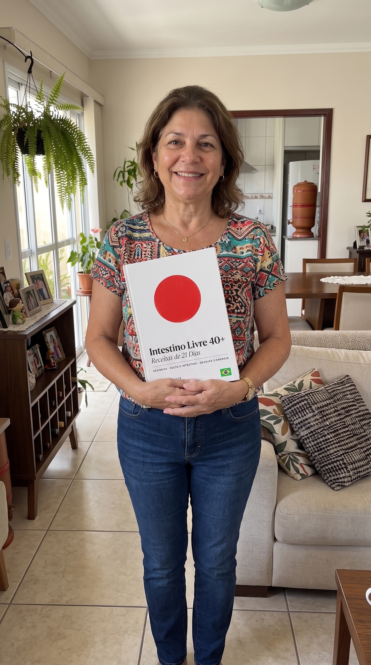 Rosana depois: em pé na sala, sorrindo e segurando o livro Intestino Livre 40+