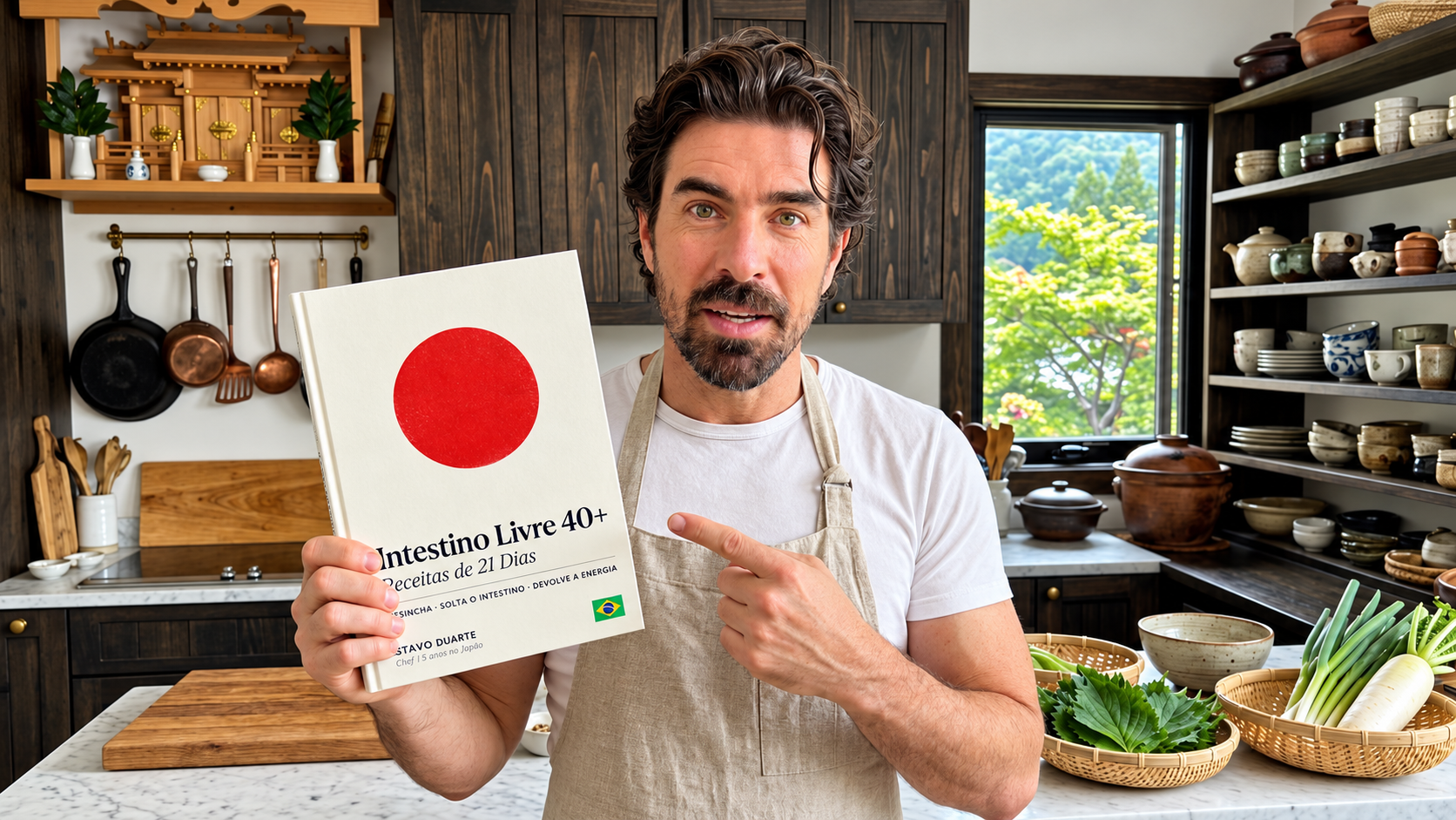 Otávio Duarte de avental na cozinha, segurando o livro Intestino Livre 40+ e apontando para ele